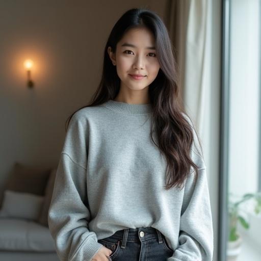 Portrait photograph of a Japanese woman in her twenties. She wears a light grey oversized sweater and dark wash denim jeans. Long dark hair cascades over her shoulders. Warm, inviting expression. Soft window light illuminates a cozy, minimalist apartment background.
