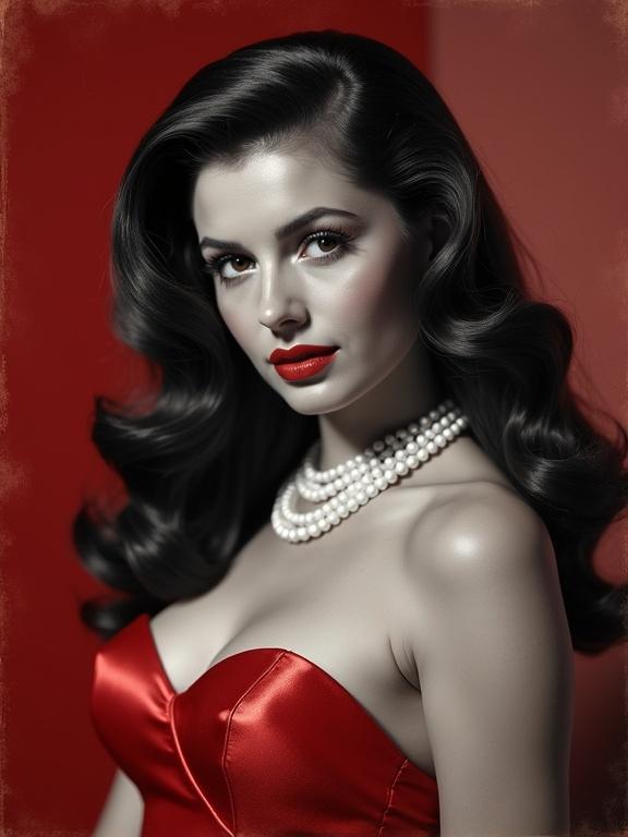 A portrait featuring a woman with long wavy hair in a red dress and pearl necklace. The background is monochromatic. The image has a balanced contrast and delicate textures. The woman makes direct eye contact.