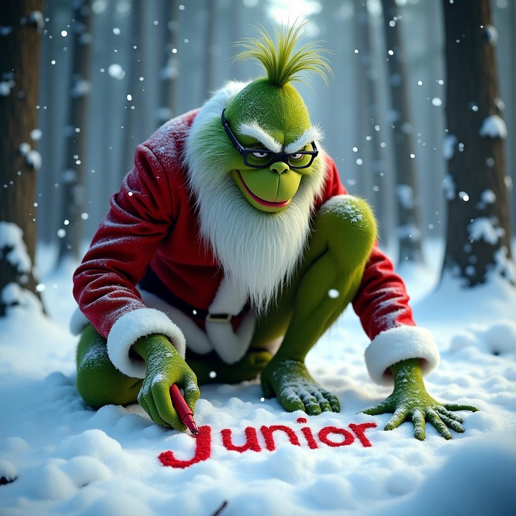 The Grinch kneeling in a snowy forest. He is writing 'junior' in the snow with a red marker. Snowflakes are falling around him. The scene conveys a magical winter atmosphere. His long white beard and glasses add a classic appeal.