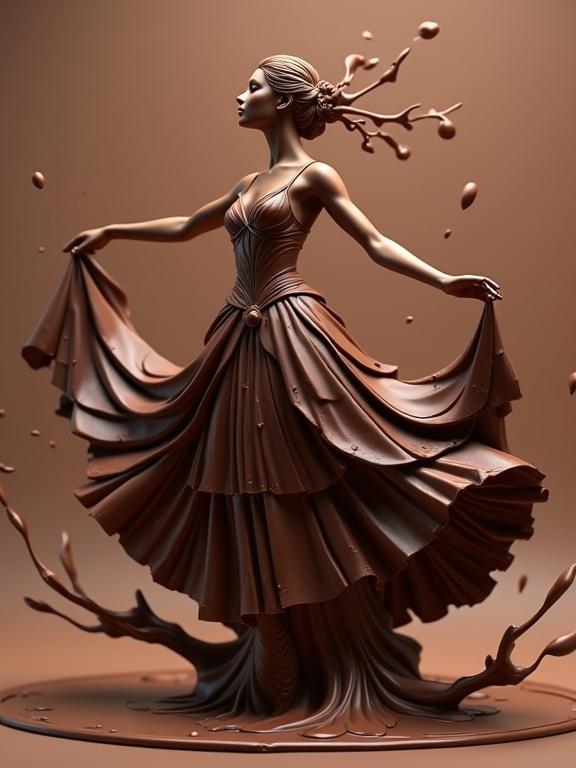 3D representation of a graceful dancer made of chocolate. Dancer wears an elegant dress of layered chocolate squares swirling around her. Rich melted chocolate splashes in the background. Highly detailed and glossy texture with fantasy realism in a studio setting.