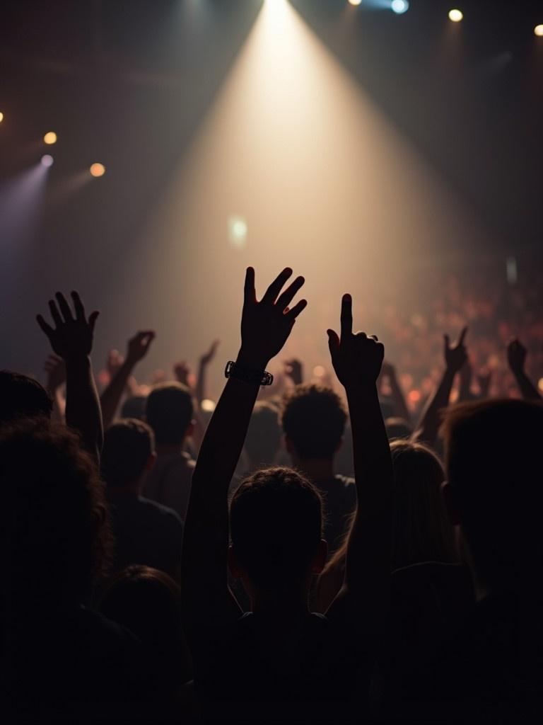 A crowd of people with raised hands at a concert. Dramatic backlighting illuminates the scene. The audience is engaged and energetic. Focus on the silhouettes of the hands and the lively atmosphere.