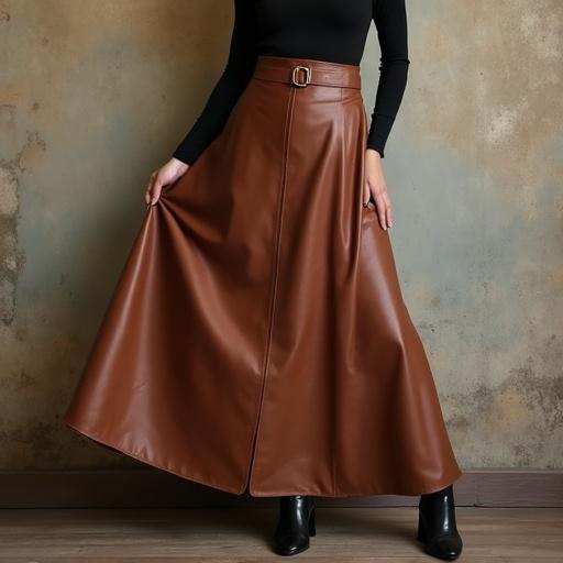 Woman poses in a long brown leather skirt and a black long-sleeve top. The wall behind has a textured antique look. The skirt flows elegantly as she shows it off.