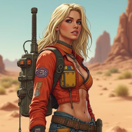 A mystical blonde character in a borderlands artistic style standing confidently in a desert landscape.