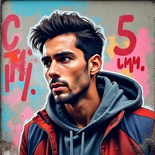 Vibrant graffiti mural on an urban wall. Features a stylized portrait of a man in a jacket. Bright background with bold colors and a prominent name.