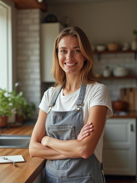 Prideful mother stands confidently in a modern kitchen. Wearing a stylish gray apron. Arms crossed with a proud expression. Inviting atmosphere with natural light. Background features kitchen shelves and plants.