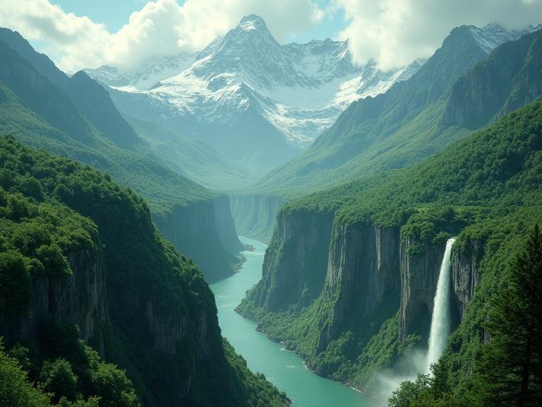 Fantasy landscape features rich green mountains with snow-capped peaks. Deep gorge has waterfalls cascading into lush green areas.