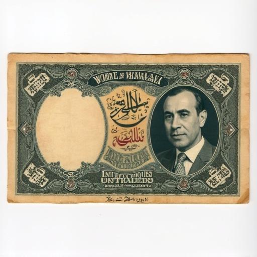 A vintage Persian banknote showing a man’s portrait. The design includes intricate detailing and calligraphy typical of old banknotes.