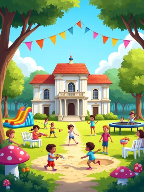 Digital illustration depicting children playing joyfully in a park with a historical palace backdrop. Activities include sandbox play, inflatable slides, nerf paintball games, and ziplining. Smiling parents watch from white chairs under trees. Scene features bright decorations, trampoline, picnic mats, and vibrant colors. The illustration captures a fun, energetic atmosphere perfect for a family event.
