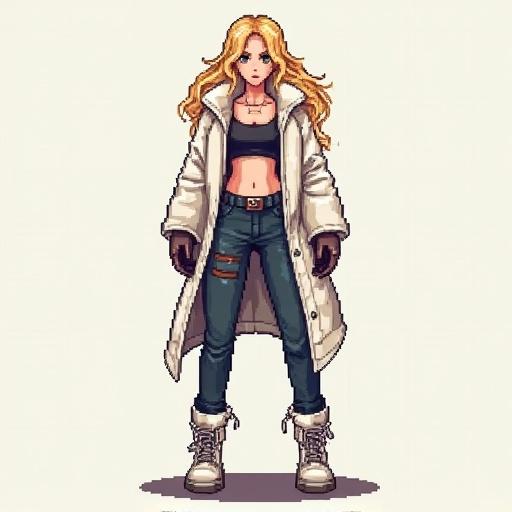 Post apocalyptic blonde girl character with white fur coat, crop top, and boots drawn in a pixel art style with no background.