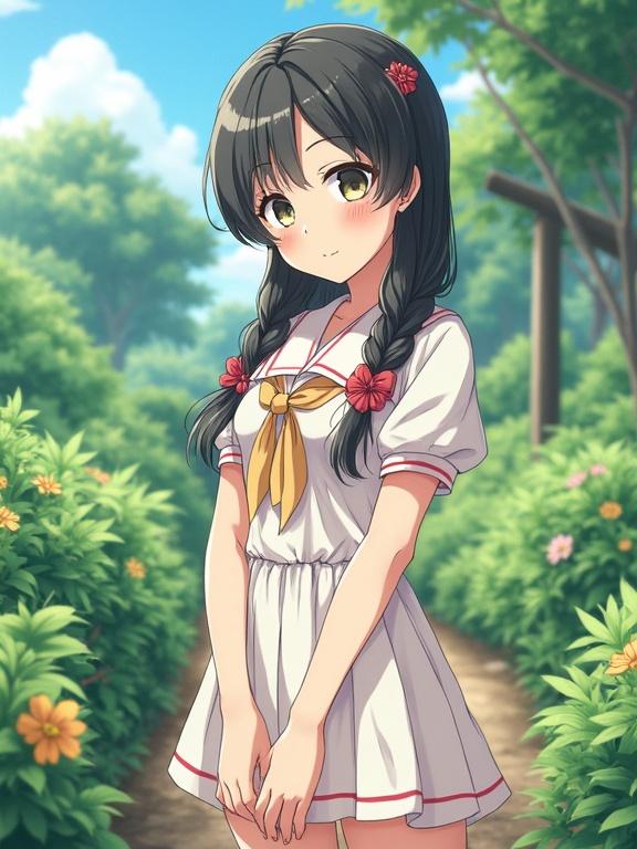 Close-up anime illustration of a beautiful girl standing in a garden. Full body visible from head to toe. She has long hair styled in braids with flowers. She is wearing a white dress with a bow.