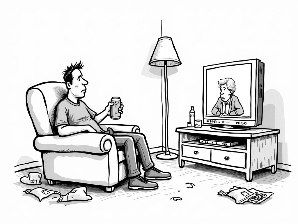 A black-and-white cartoon drawing. A man slouched in an armchair watches TV. Bored expression on his face. He holds a beer can in one hand. Other hand in pants. Background features a messy living room with empty chip bags. There is a crooked floor lamp. The TV shows a journalist talking behind a table. Light from TV casts on his face. Artwork features bold black lines. Simple, humorous style. Landscape format.
