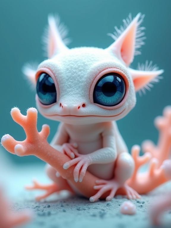 Fantasy creature with large eyes and coral-like structures. Body is small and compact. Head is oversized with tufts resembling sea anemones. Skin is icy white with scale-like texture. Coral is soft peach to pink. Background features gradient blue.