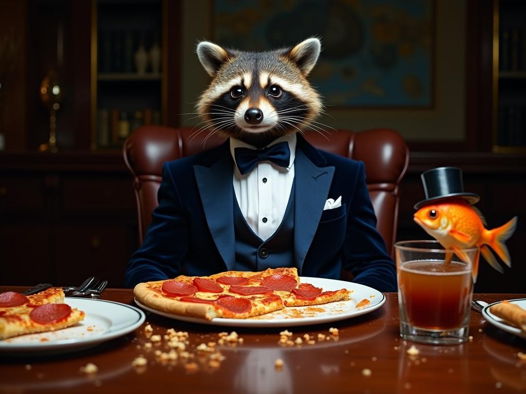 A raccoon in a midnight-blue tuxedo sits at a dinner table. The table is set with pizza and soda. A goldfish in a top hat delivers a toast from a glass bowl. The raccoon looks exasperated. The room is dimly lit with harsh lights. The table is made of polished mahogany. The atmosphere is thick with smells of pizza and soda.