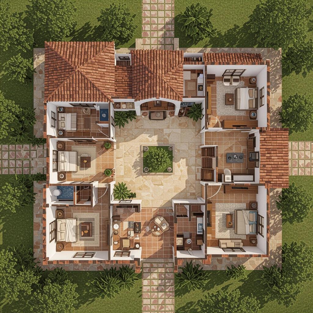 Top-down view of a spacious traditional Mexican hacienda-style single-story house on a rectangular lot. Large open central patio with no roof. Four bedrooms arranged around the patio. Living room, dining room, and kitchen face the patio through arched doors. Laundry room, office, and storage included. Mesh shade around the patio. White stucco walls, terracotta tiled floors, clay tile roofs, wooden beams. Covered two-car garage and garden spaces. Bright natural daylight and inviting atmosphere.