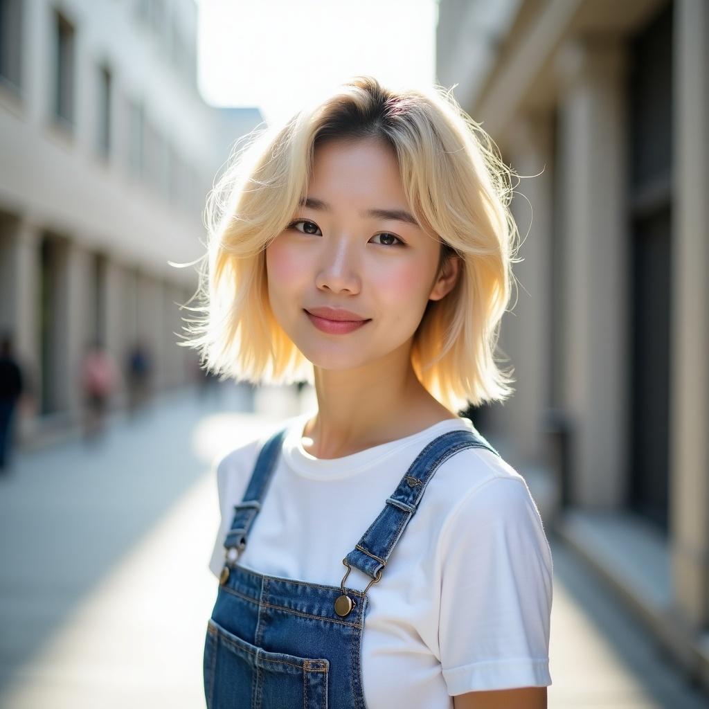 Fresh-looking individual in urban setting. Short messy blonde hair enhances youthfulness. Soft architectural background complements subject. Bright daylight highlights natural beauty. Casual white shirt and denim overalls convey trendy vibe. Overall composition shows effortless style and contemporary appeal.