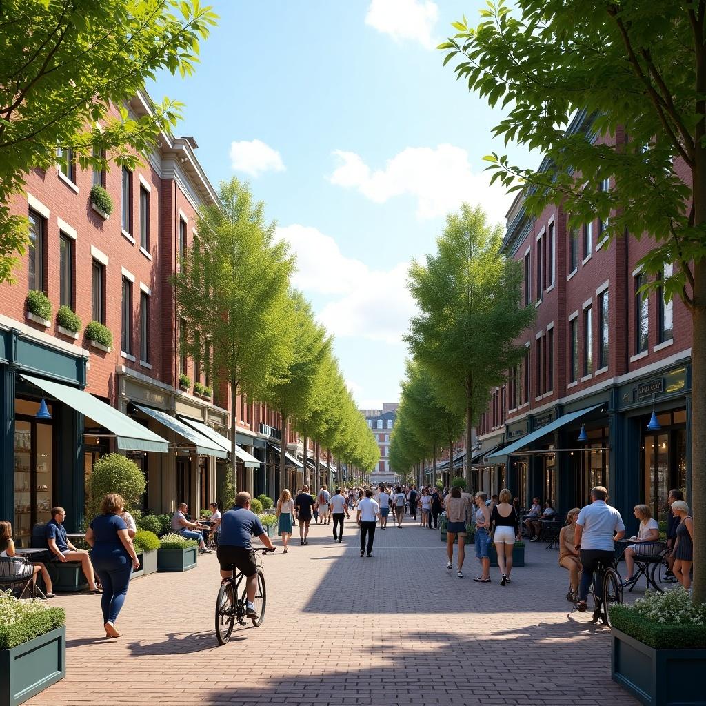 Busy pedestrian street scene with shops and trees. People walking, biking, and sitting outside. Bright sunny day with clear blue sky.