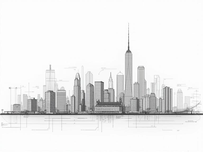 Architectural drawing displays New York City skyline. Features elevation and section views. Created using AutoCAD. Illustrates various skyscrapers and urban design elements.