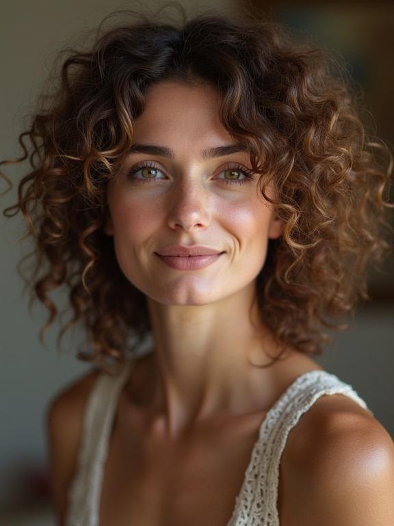 A portrait of a woman with curly hair smiling softly. She has a fresh and natural look. Her skin is radiant in soft natural light. The background is softly blurred, enhancing her features.