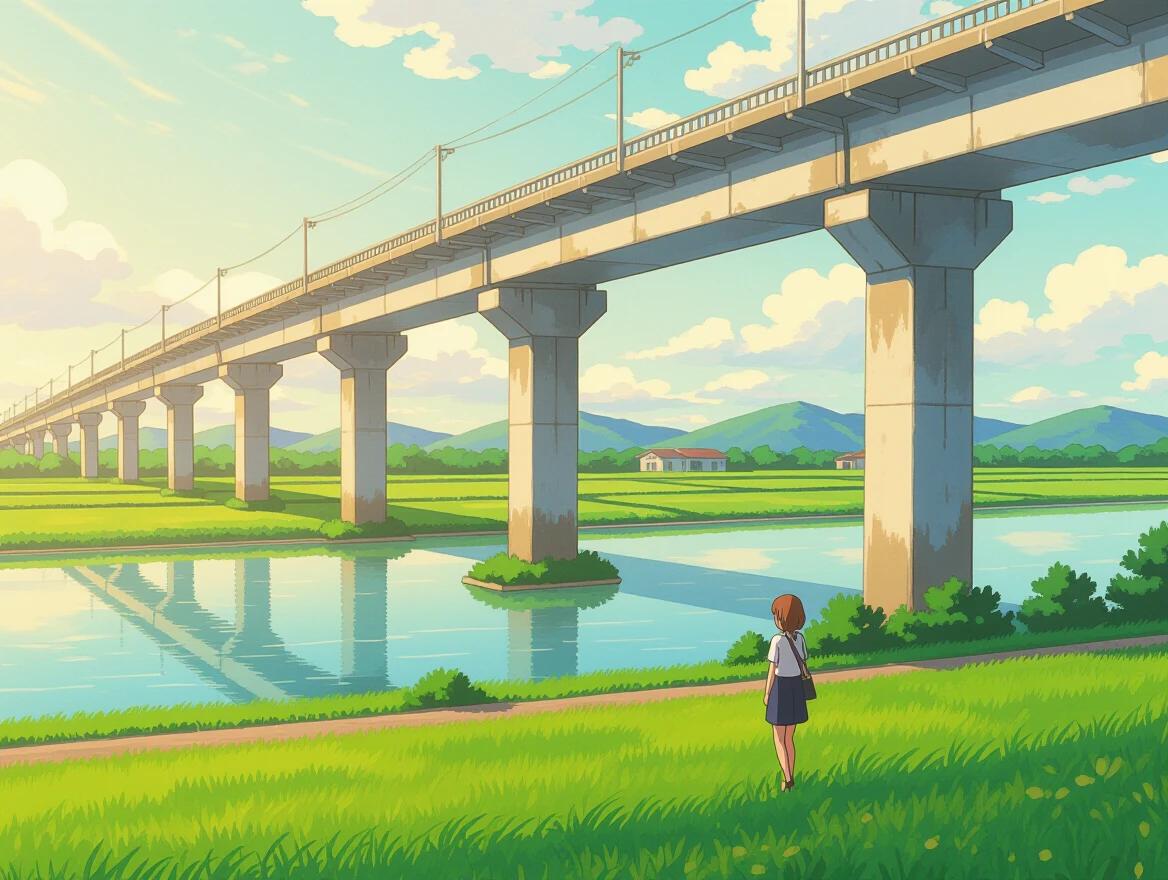 Landscape features a long bridge depicted in an anime style. Bridge spans over a calm river. Lush green fields surround the river. Bright blue sky filled with clouds. A girl stands by the water observing the view. Calm and peaceful scene reminiscent of CoMix Wave Films' work.