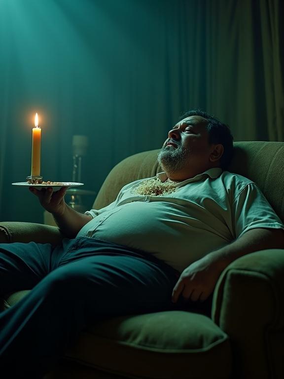A man slouched on an old sofa. He has rice on his chin. He holds a dirty plate. An open bottle of shampoo is nearby. A speech bubble says, "tem pao de alho ai?". The lighting is low-key with teal and warm candle highlights. The mood is creepy but comical. The image combines retro and horror-comedy elements.