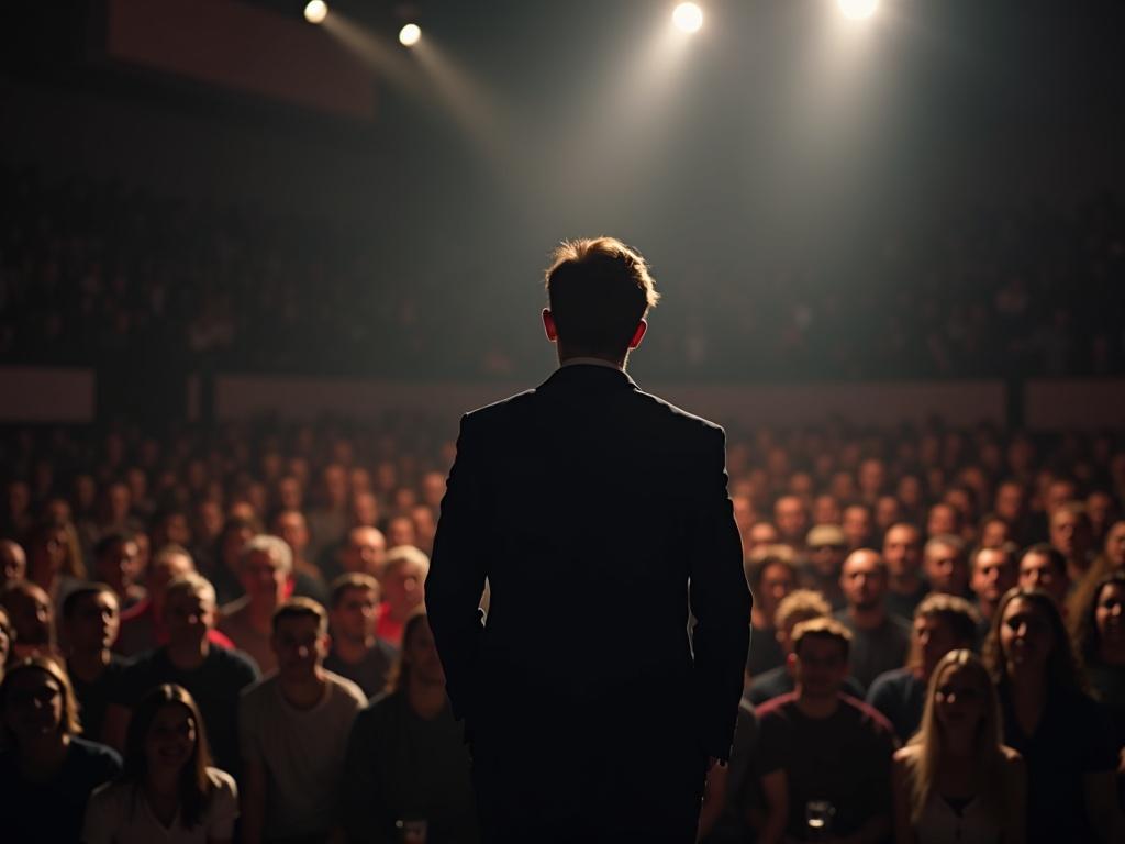 A nervous man stands on stage facing an attentive crowd. The audience is watching him closely. The lighting focuses on the man while the crowd is in a dim light. The atmosphere is tense and anticipative.