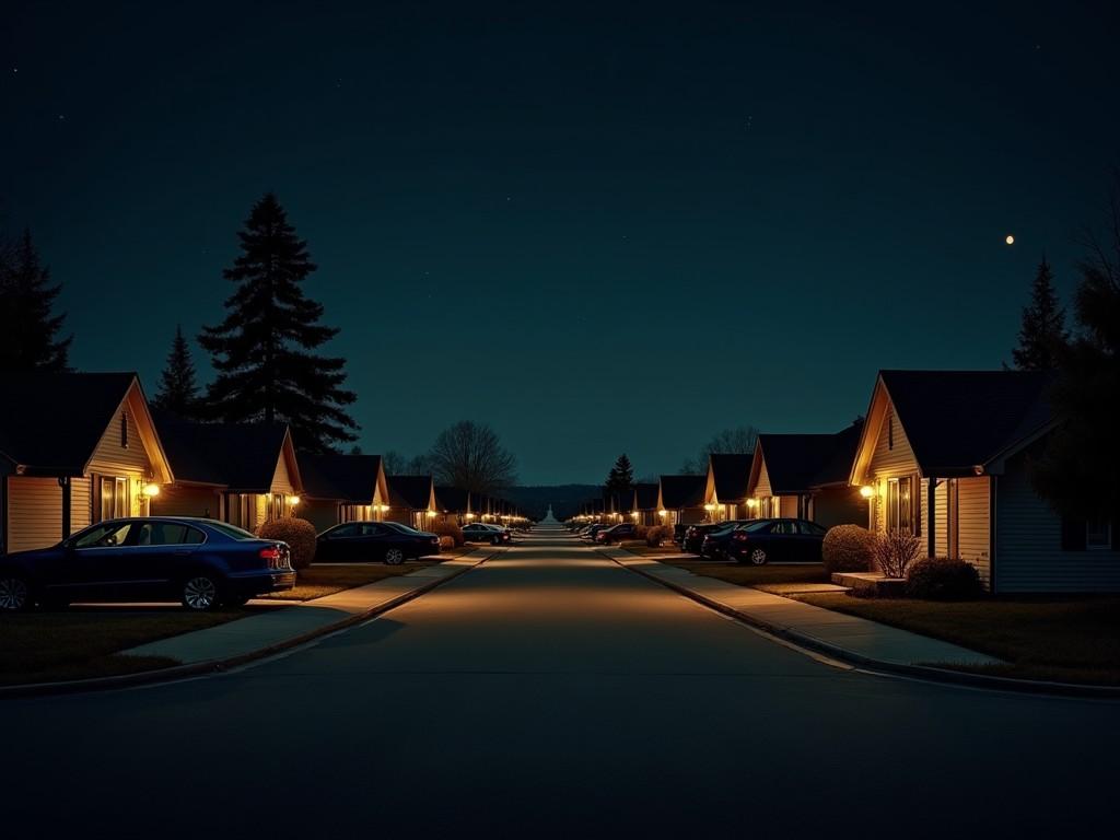 A serene night-time in a suburban neighborhood illuminated by a few lights in front of the houses. Cars are parked in front of each house. This tranquil setting evokes a sense of peace and solitude. The dark blue sky contrasts with the soft yellow lights, creating a calming atmosphere. The street is lined with identical houses, providing a symmetrical and harmonious view.