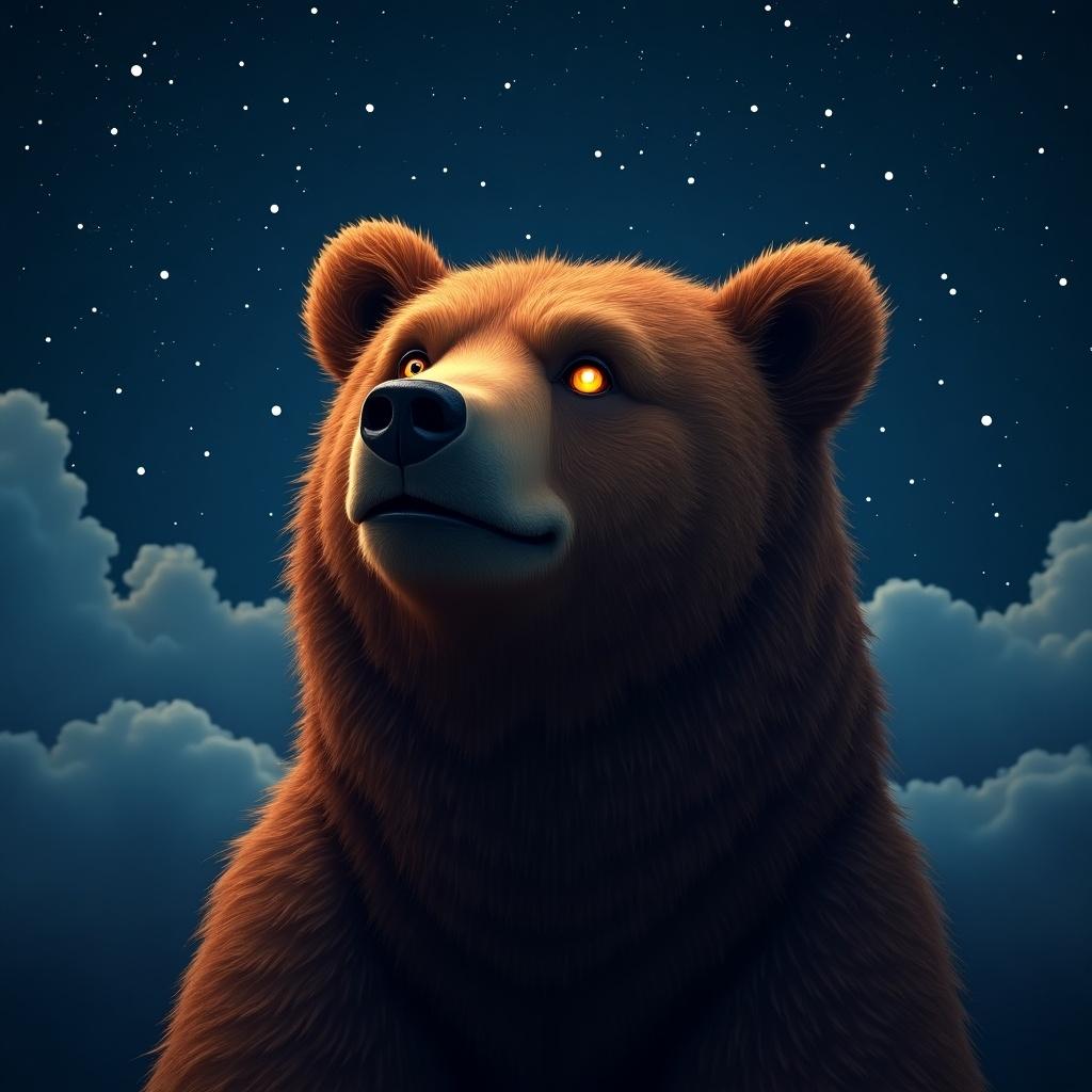 The image captures a majestic bear with amber eyes shining brightly as he gazes into a starry night sky. His auburn fur glistens as if reflecting the stars above, providing a sense of warmth and tranquility. Fluffy clouds create a soft backdrop, enhancing the peaceful atmosphere. The bear stands confidently, embodying strength and serenity. This enchanting scene invites viewers into a moment of quiet reflection and awe of nature's beauty.