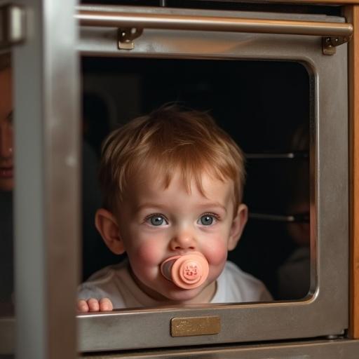 A playful interaction showing a child in a giant oven. The child pretends to be cooked. Child has an oversized pacifier. Mother's playful approach creates a fun atmosphere. Scene takes place in a kitchen. Warm tones dominate the image.