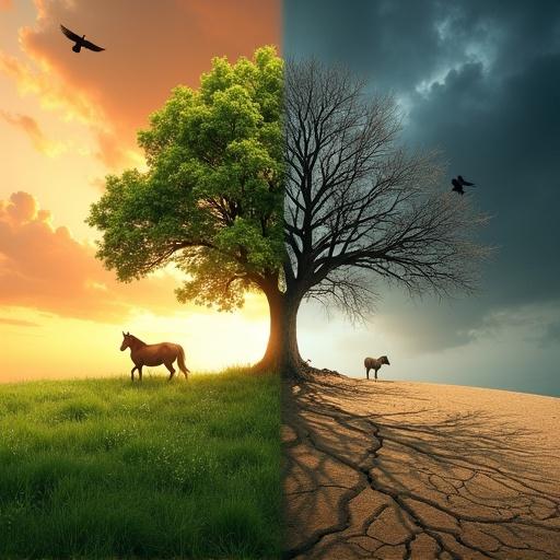 A striking allegorical image shows duality in nature. Left side is vibrant with lush grass, orange sky, and healthy tree. Peaceful animals graze. Right side shows lifeless dry earth, dark stormy sky, and dead tree. Birds perched ominously. Highly detailed, photorealistic rendering.