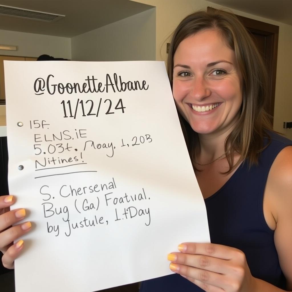 A person smiles and holds a piece of paper with handwritten details. The paper shows the name '@GoonetteAlbane 11/12/24'. Right arm and hand fully visible.