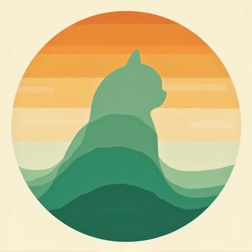 Design silhouette of a Ragdoll cat. Use gradient layers of deep emerald green flowing to seafoam green and mint. Set within a golden hour circle with burnt orange amber and cream horizontal stripes.