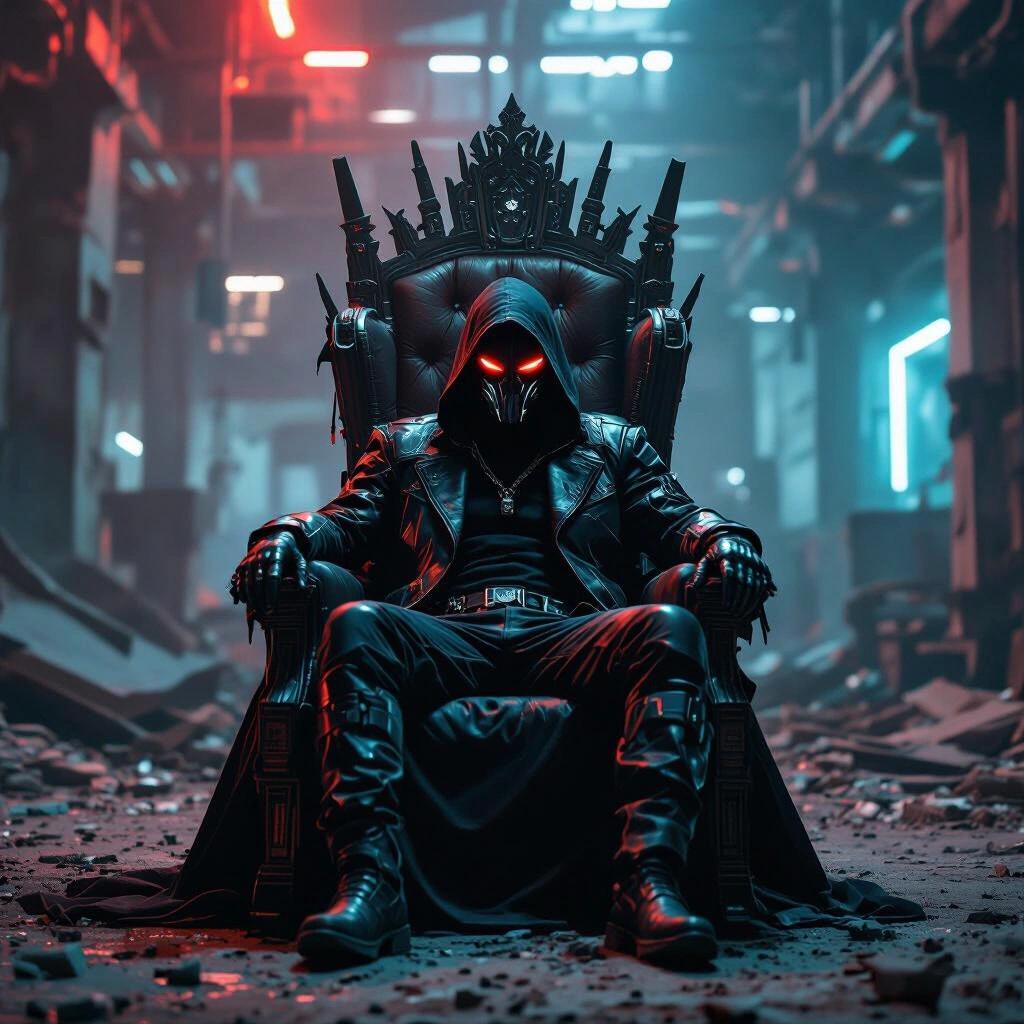 Cyberpunk portrait of a dark masked figure lounging on an impressive throne in a crumbling tech warehouse. The figure wears a leather jacket and is surrounded by ambient red and blue lighting. The atmosphere is moody and dramatic.