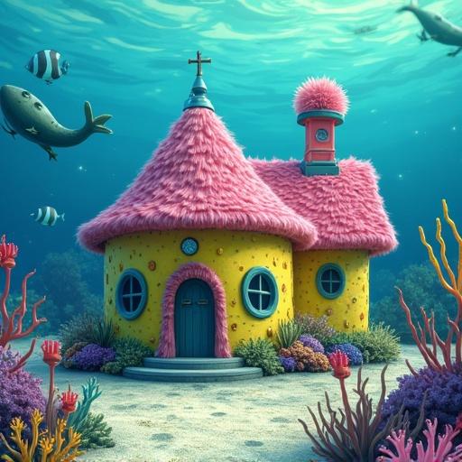 Colorful underwater houses designed like SpongeBob characters. Roofs styled in various ways resembling Billie Eilish's hairstyles. Surrounded by ocean life and corals.