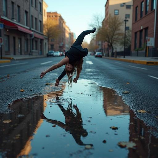 A young woman dives gracefully into a shallow puddle on an urban street. Wet asphalt and scattered leaves surround her. The puddle reflects hints of glowing galaxies and celestial worlds. The artwork blends gritty city life with extraordinary cosmic elements. Magical lighting enhances vivid colors and textures.