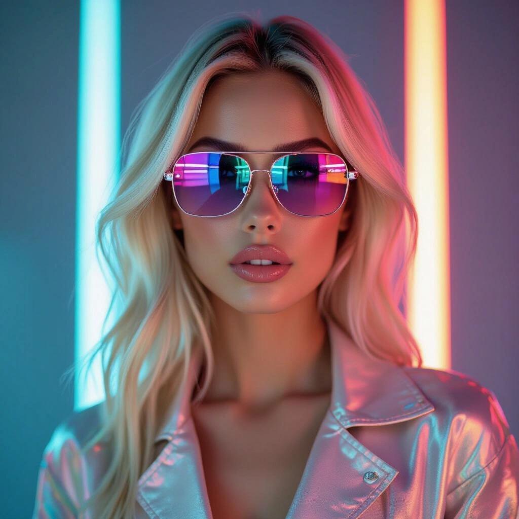 Album cover featuring a blonde model with futuristic sunglasses. Soft colorful lighting effects enhance artistic appeal. Model wears glamorous fabric clothing.