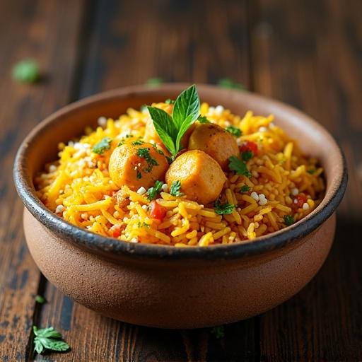 A sand pot filled with paneer dum biryani vibrant yellow basmati rice spices and garnished with fresh herbs.