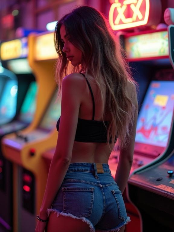 A trendy female gamer at a vintage arcade dressed in a black bandeau top and snug denim shorts. Flowing hair caught in colorful arcade lights. Retro gaming machines in the background.