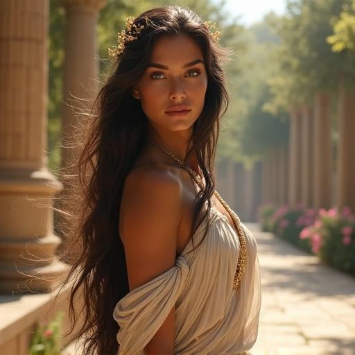 A beautiful figure representing Helen of Troy with long dark hair wearing ancient Greek clothing in an olive grove surrounded by architecture and flowers. Soft breeze and sunlight create a serene atmosphere.