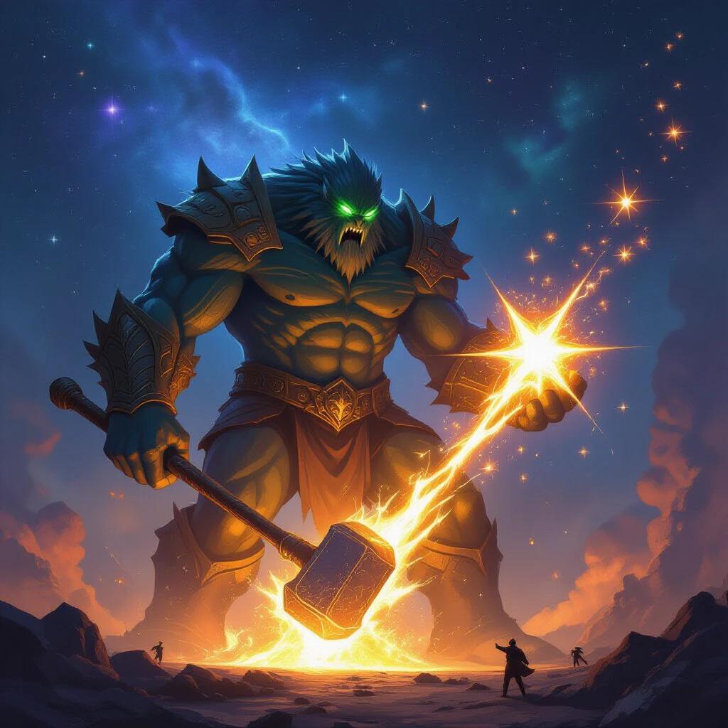 A colossal being forges stars with a celestial hammer. The being has a muscular build and glowing eyes. It stands in a mystical landscape under a starry sky. The hammer emits light as it strikes. Small figures are in the foreground observing.
