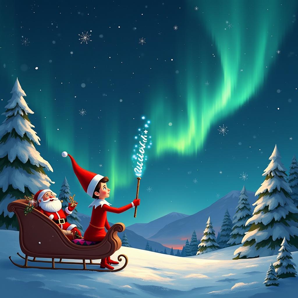 Elf on the shelf holds a wand. Skywriting in Christmas scene. Magical northern lights above. Santa in sled. Names Oliver and Jasper written in stars.