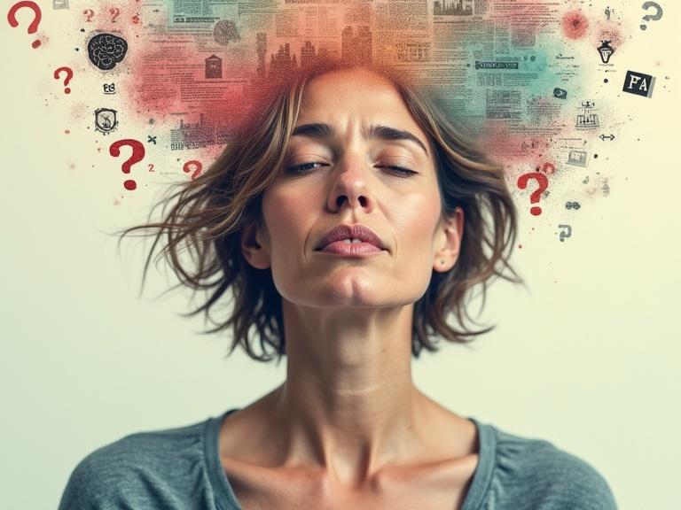 Artistic portrait of a woman in her 40s navigating menopause symptoms. Layered visual style with realism and symbolism. Abstract representations include brain fog, memory lapses, and word retrieval struggles. Chest area shows heat waves symbolizing hot flashes. Background has icons representing anxiety and mood swings. Expression is strong and resilient. Art style combines realism with surreal overlays in pastel tones and warm reds.