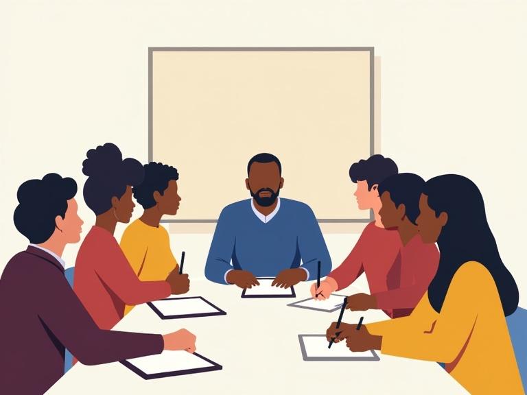 Illustration shows a committee with diversity in body shapes ages and ethnicities. Seven individuals are seated around a table with notepads. A whiteboard is present in the background. Colors used include navy blue, maroon, and pale yellow.