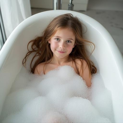 A girl lies in a bathtub filled with bubbles. Long hair flows to the side. The atmosphere is peaceful and illuminated by natural light.
