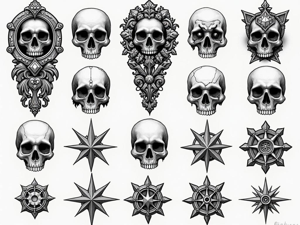 A collection of intricately designed skull illustrations combined with ornamental and star-themed elements, presented in a monochrome color scheme.