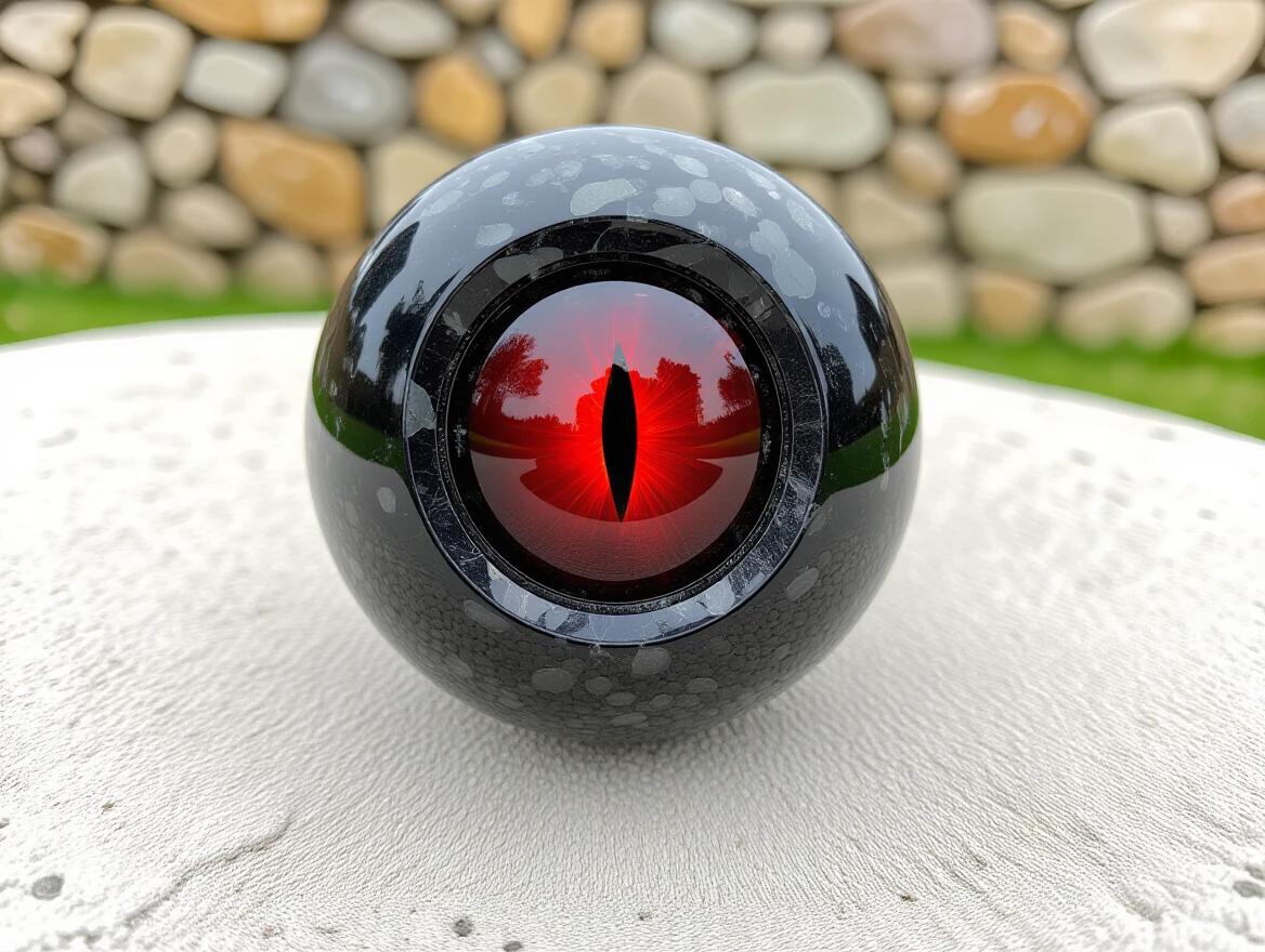 Dark black palantir crystal ball on rock table. Inside is red eye of Sauron with prominent fire center. Specular highlights visible.