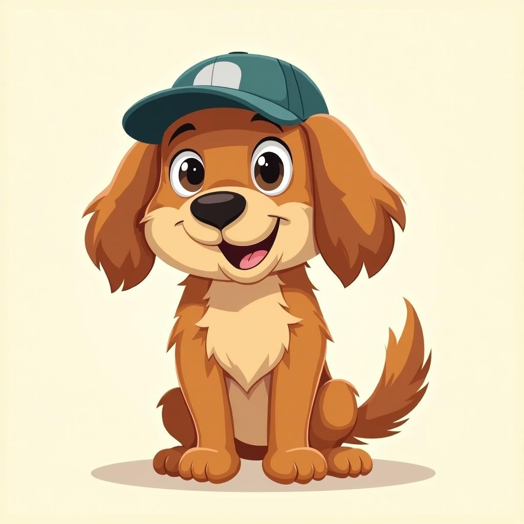 A cheerful ginger and brown dog sits with a baseball cap. The dog has a fun expression. The rubber hose art style is used. The background is light and simple.