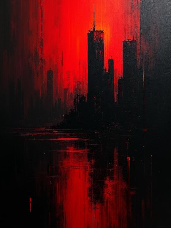 Digital oil painting showing a minimalist cityscape. Predominantly black background. Features a unique silhouette of skyscrapers. Harsh paint strokes create a dramatic effect. Vermilion color theme evokes a dystopian atmosphere. Reflective water surface adds depth.