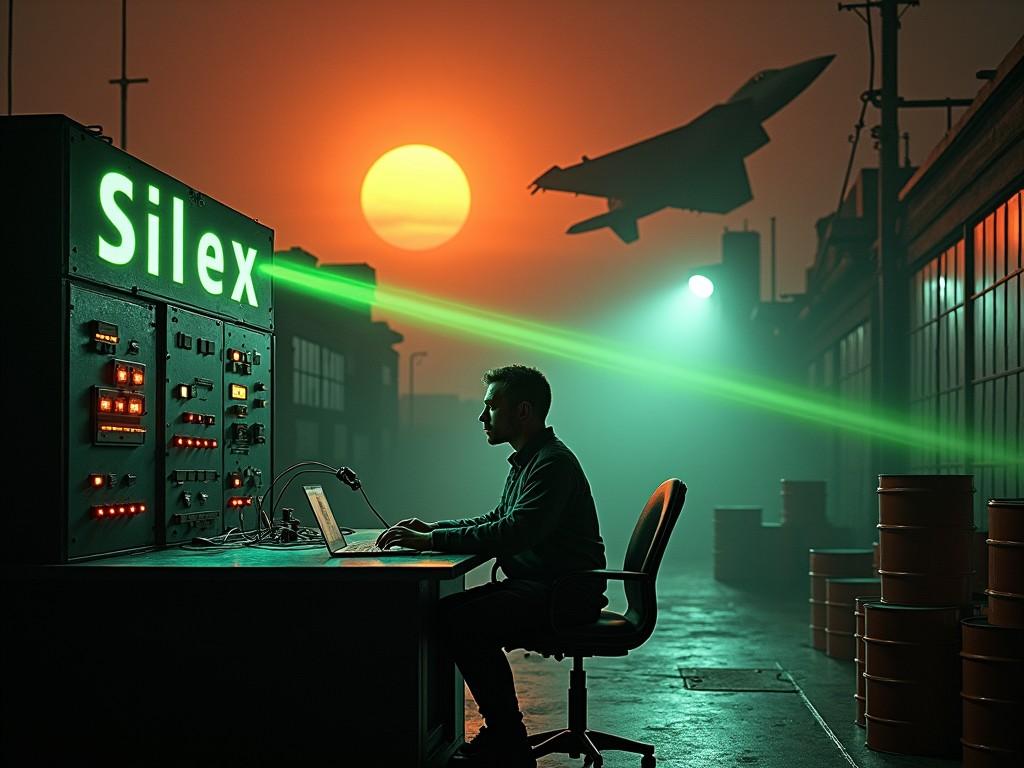 The image depicts an engineer in a dark lab, intently programming on a laptop that connects to a large control panel. The atmosphere is dramatic with a vivid orange sunset illuminating the scene. In the background, a fighter jet flies by, adding to the high-tech environment. Green laser beams cut through the darkness, and barrels can be seen in the distance. The words 'Silex 2 Rise of Brendan' are boldly displayed, enhancing the overall tech theme of the image.