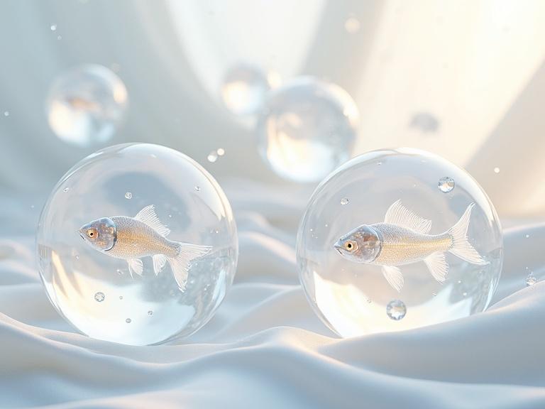 A serene 3D scene of translucent floating glass spheres. Inside some orbs, crystal-carved fish shimmer like living diamonds. Radiant fish resemble koi or fantasy species, formed from clear iridescent material. Surrounding orbs contain floating diamond spheres and pearlescent reflections. Soft white flowing fabric texture in the background creates visual rhythm. Light dances gently creating soft glows and shadow gradients. Composition is airy, luxurious, and dreamlike.
