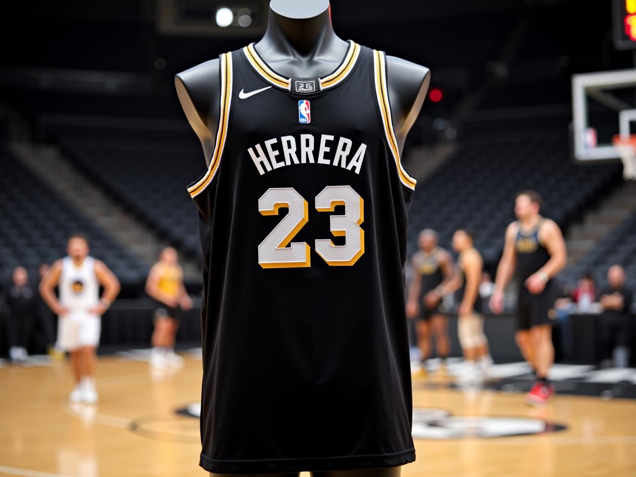 The image features a striking black basketball jersey showcased on a mannequin, designed for sports enthusiasts. It prominently displays the name 'HERRERA' and the number '23', signaling its connection to basketball culture. In the background, a basketball court sets the scene with players engaged in training, contributing to the dynamic atmosphere. The lighting is expertly focused on the jersey, highlighting its details and making it an attractive visual for fans and consumers. This composition embodies the energy and excitement of professional basketball, aimed at promoting team spirit and merchandise.